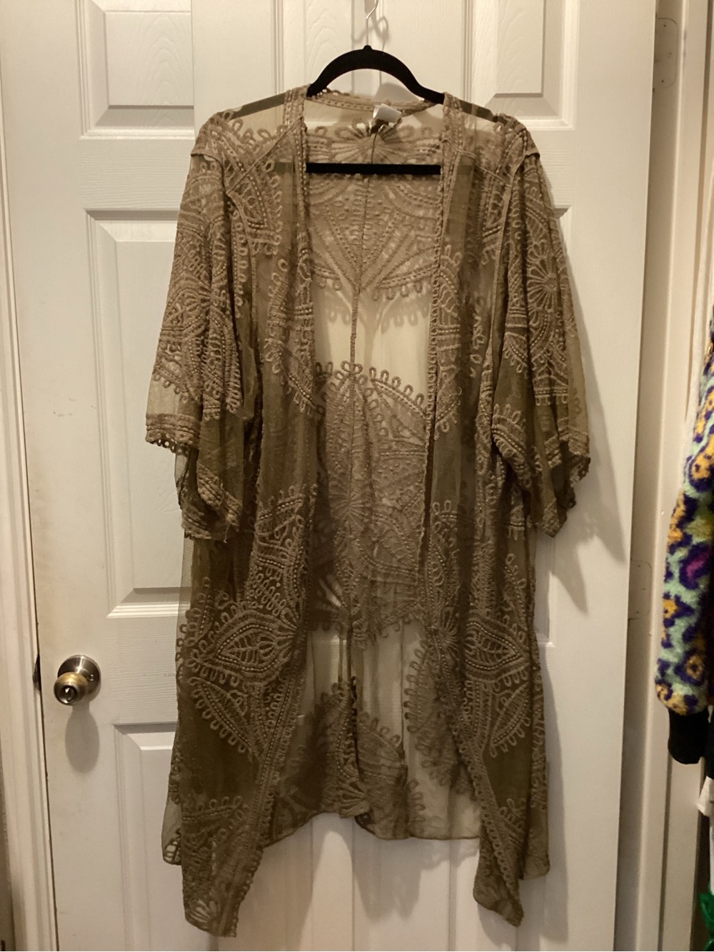 Embroidered Sheer Kimono Cover-Up in Olive Taupe